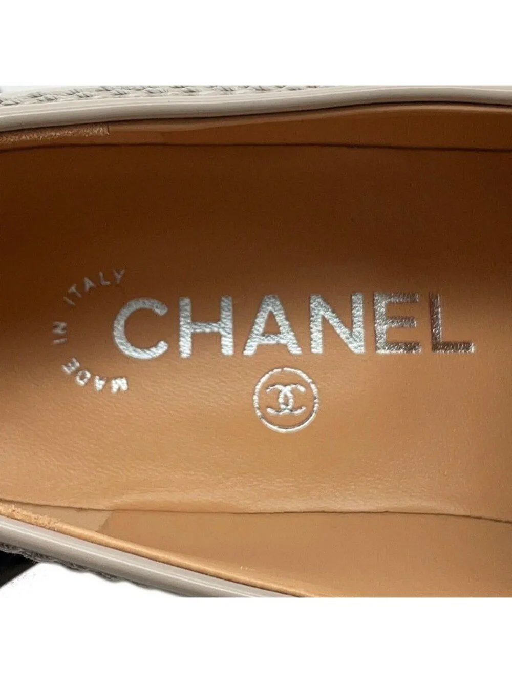 Chanel Loafers CC Logo Chain Patent Leather 37 Light Gray